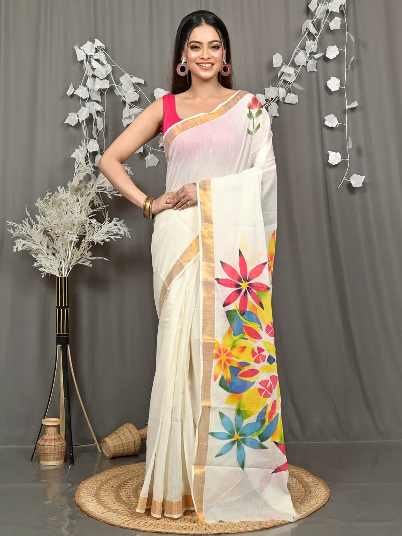 Multycolor Pure Cotton Hataka Hand Painted Saree (9106)