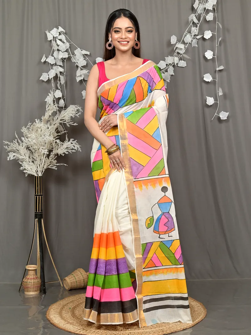 Multycolor Pure Cotton Hataka Hand Painted Saree (9107)
