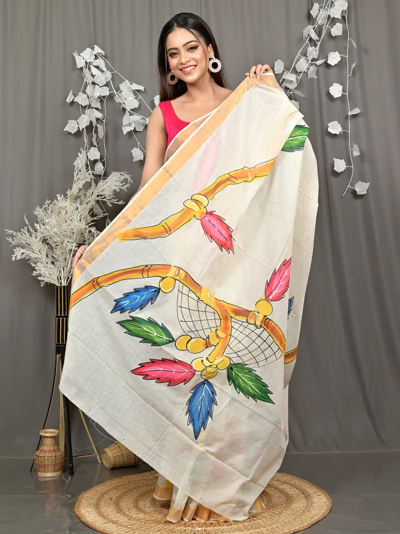 Multycolor Pure Cotton Hataka Hand Painted Saree (9108)