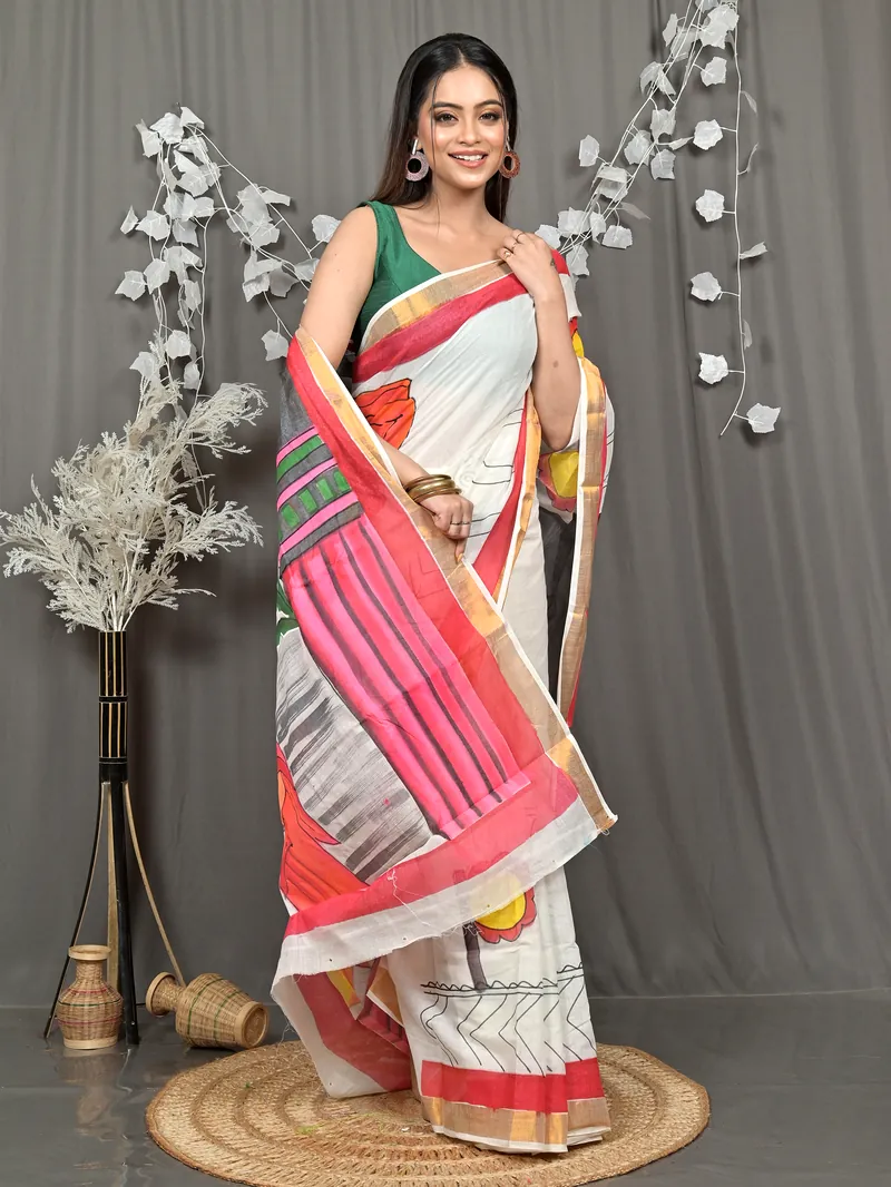 Multycolor Pure Cotton Hataka Hand Painted Saree (9109)