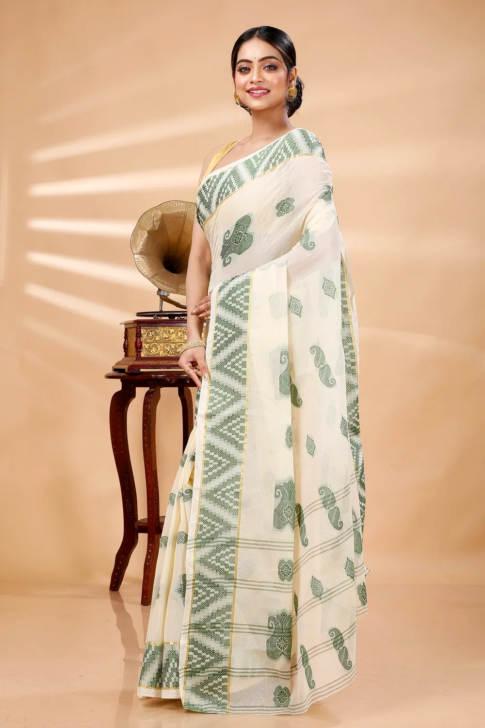 White Green Pure Cotton Gargi Tant Saree (911)