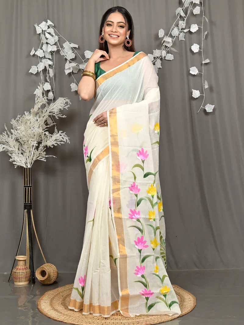 Multycolor Pure Cotton Hataka Hand Painted Saree (9115)