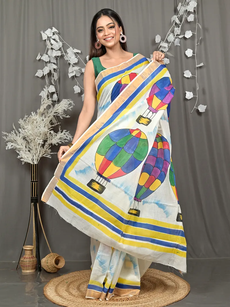 Multycolor Pure Cotton Hataka Hand Painted Saree (9116)