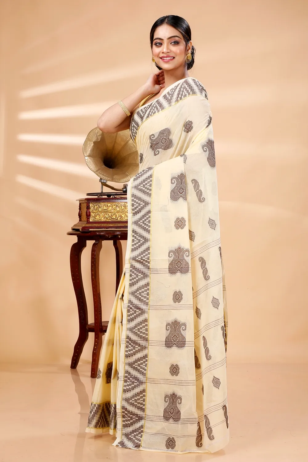 White Brown Pure Cotton Gargi Tant Saree (912)