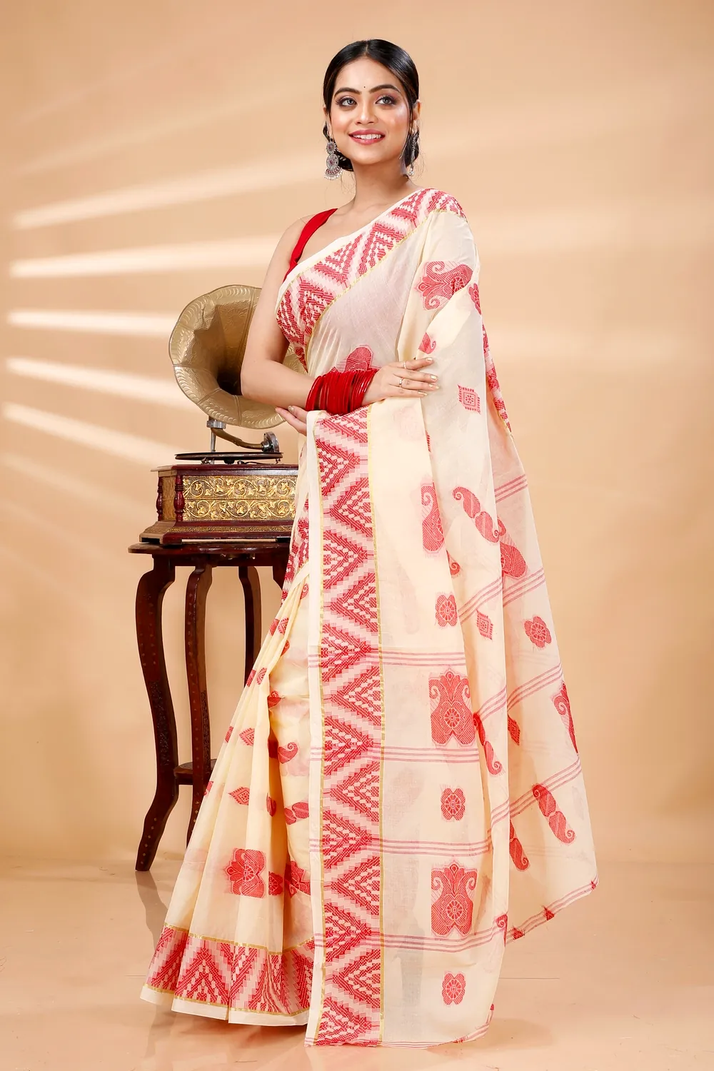 White Red Pure Cotton Gargi Tant Saree (914)