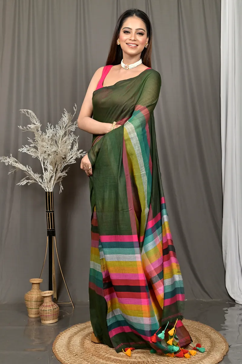Dark Green Cotton Sounur Handloom Saree  (92)