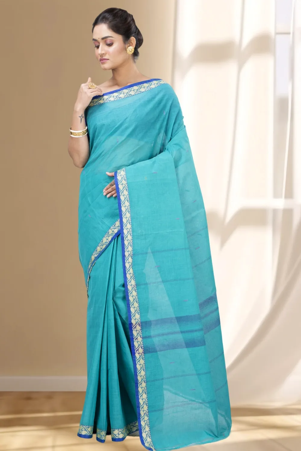 See Blue Pure Cotton Gaela Tant Saree (920)