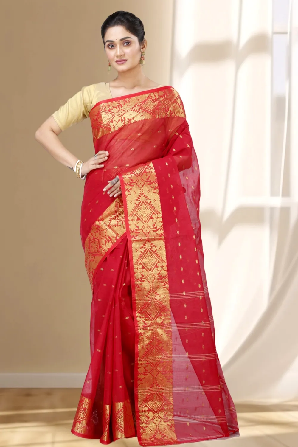 Red Pure Cotton Gopa Tant Saree (927)