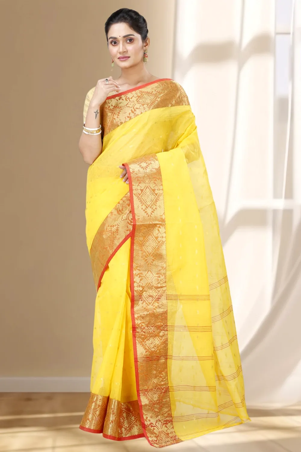 Yellow Pure Cotton Gopa Tant Saree (928)