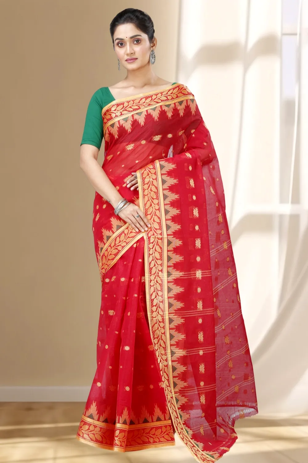 Red Pure Cotton Gunjan Tant Saree (932)