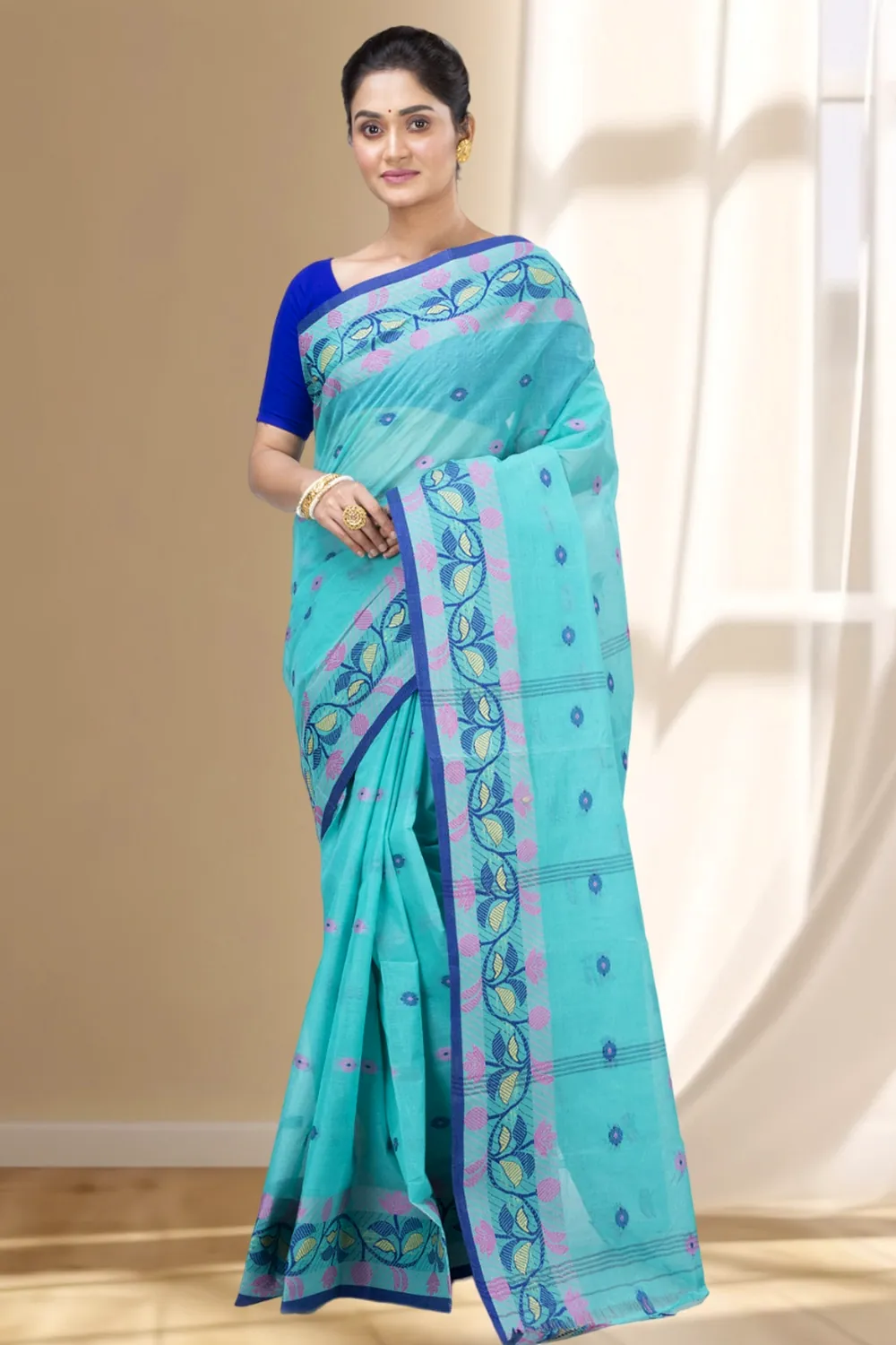 See Green Pure Cotton Govindi Tant Saree (936)