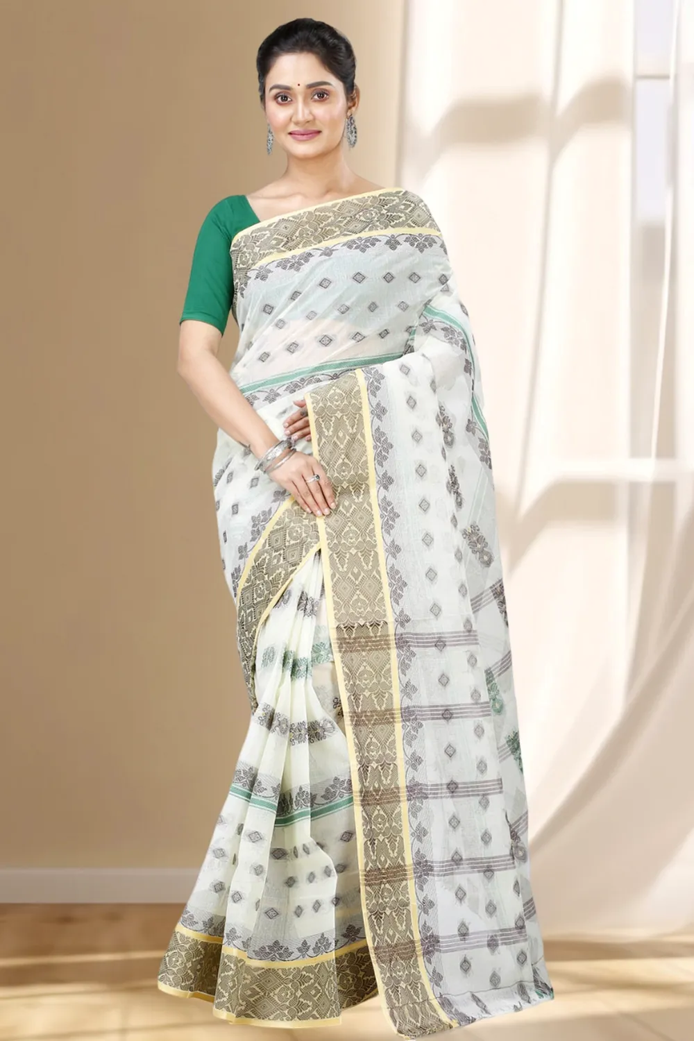 White Pure Cotton Ghusoon Tant Saree (949)