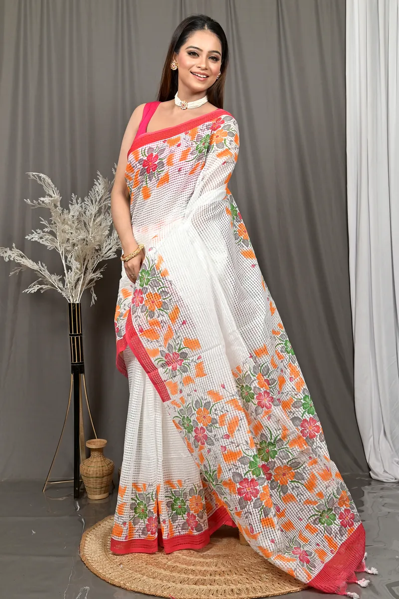 White Red Cotton Soupon Kota Fabric Saree  (95)