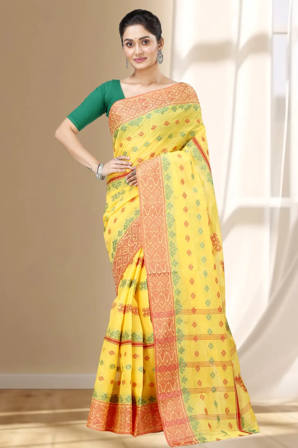 Yellow Pure Cotton Ghusoon Tant Saree (950)