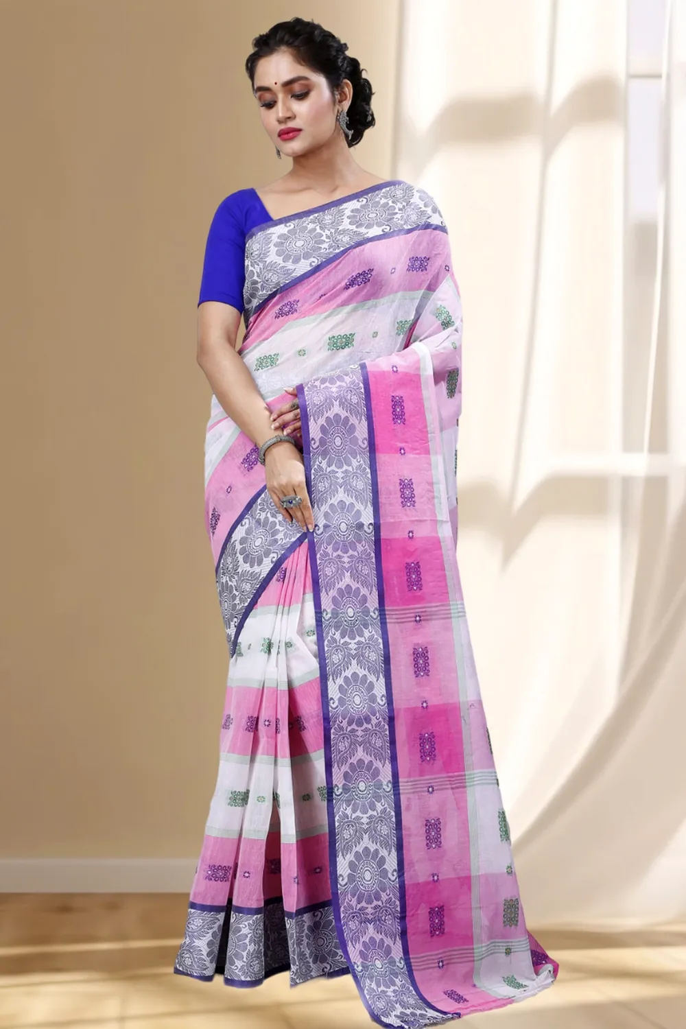 Pink White Pure Cotton RajSahi Tant Saree (954)