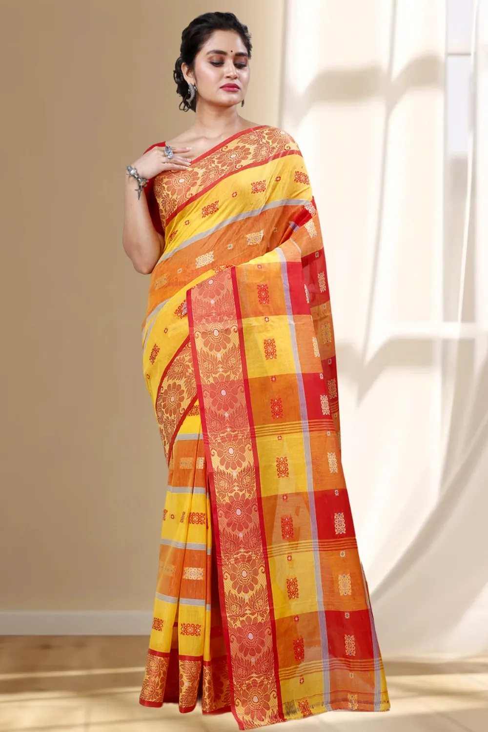 Yellow Red Pure Cotton RajSahi Tant Saree (956)
