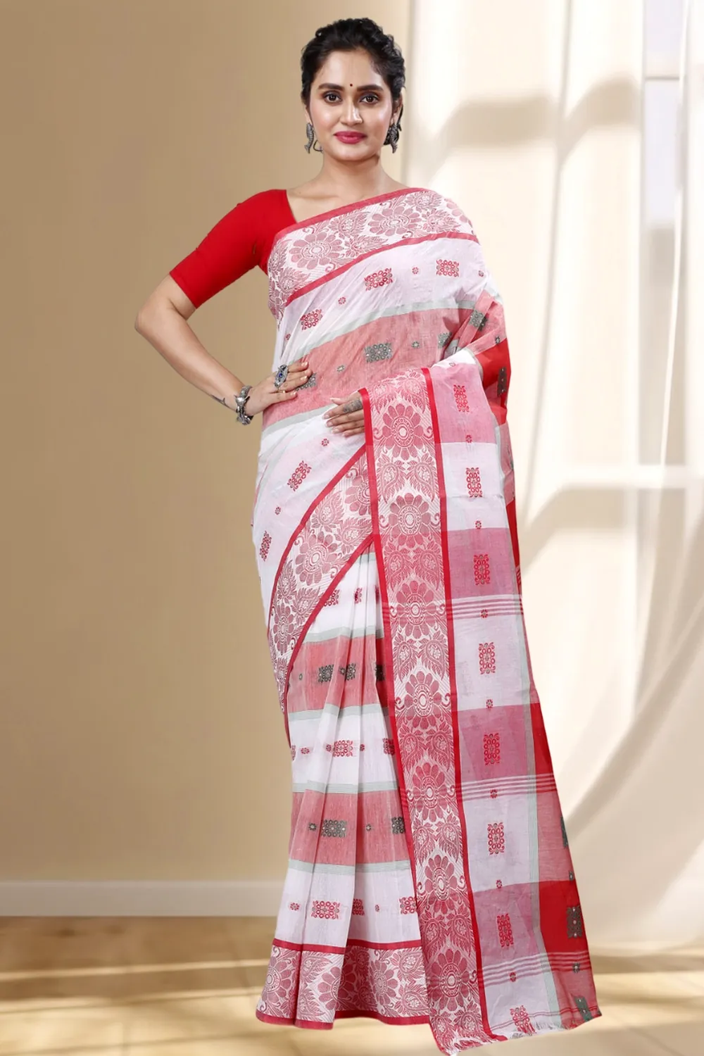 White Pure Cotton RajSahi Tant Saree (957)