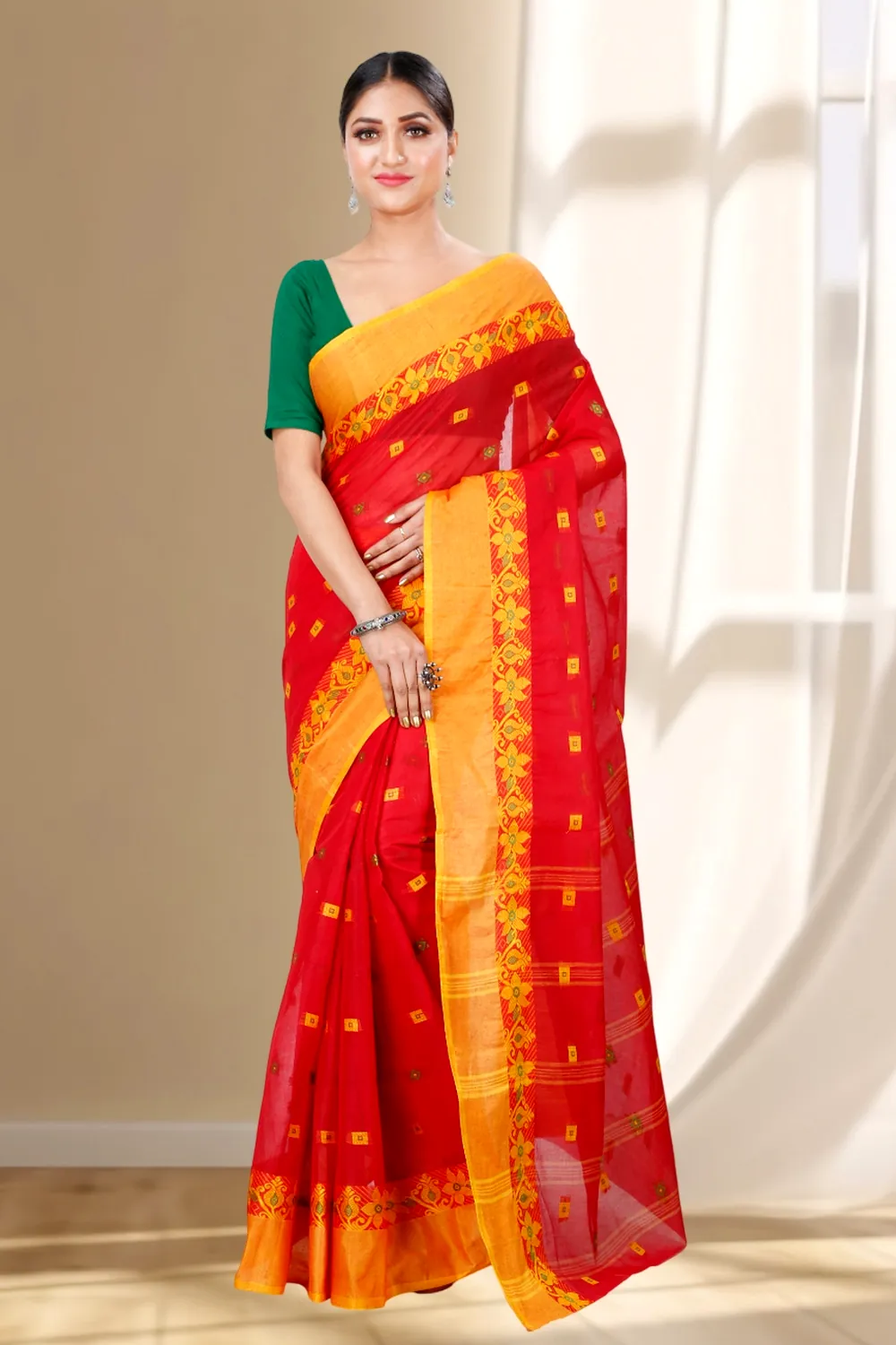 Red Pure Cotton Ramala Tant Saree (958)