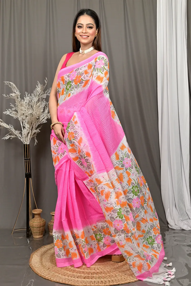 Pink White Cotton Soupon Kota Fabric Saree  (96)