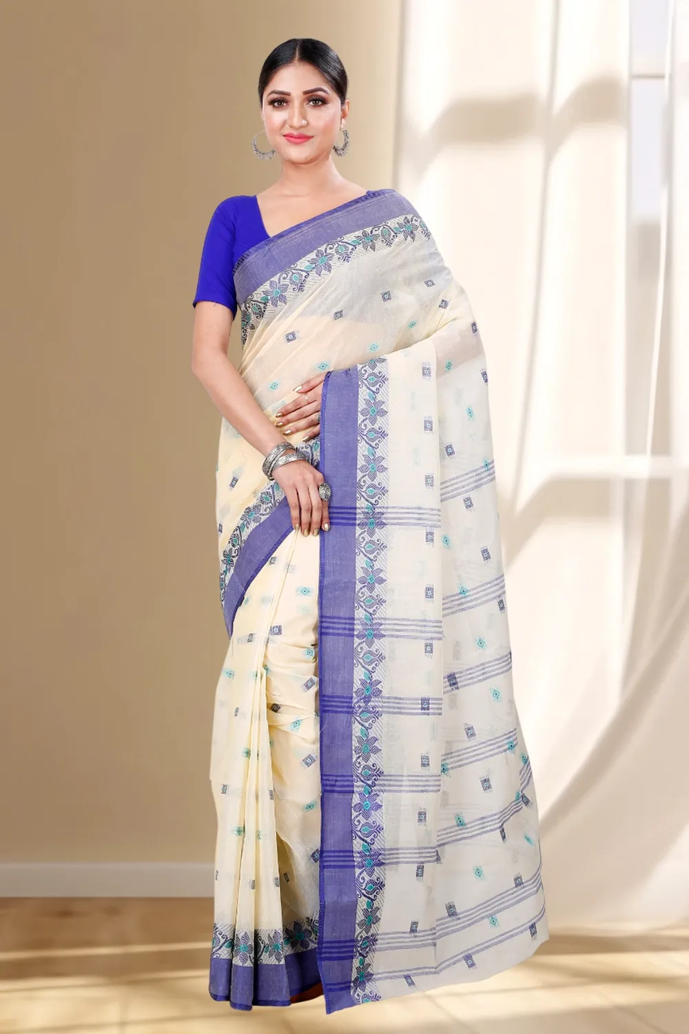 White Pure Cotton Ramala Tant Saree (961)