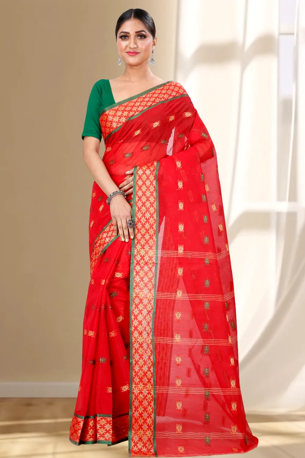 Red Pure Cotton Reese Tant Saree (967)
