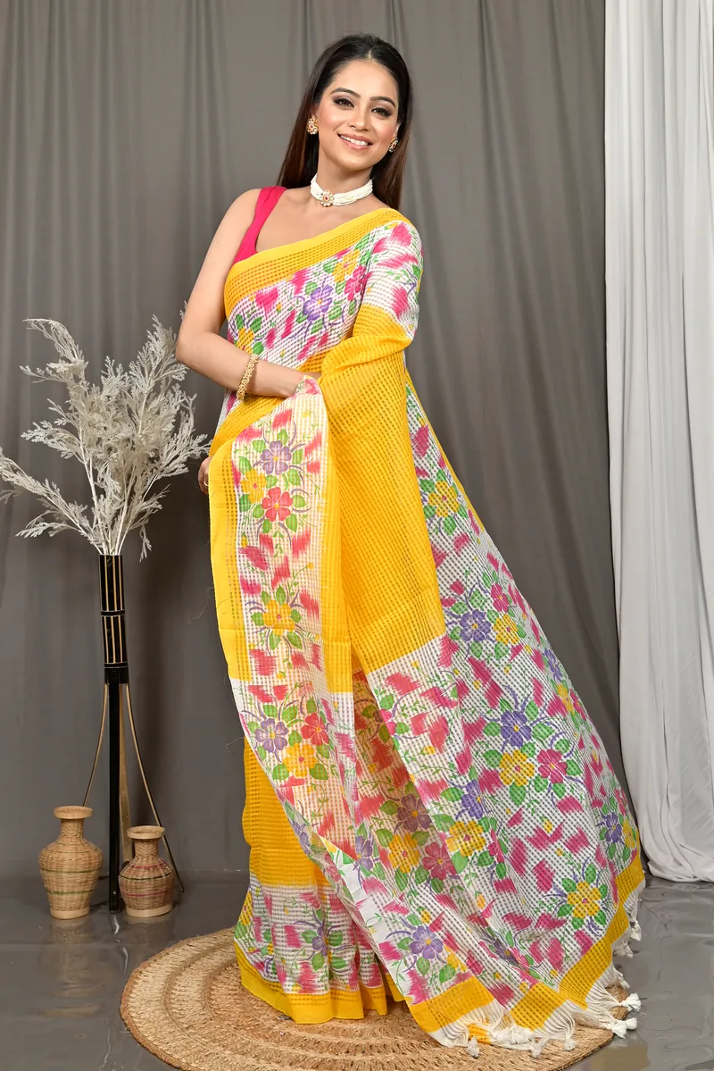 Yellow White Cotton Soupon Kota Fabric Saree  (97)