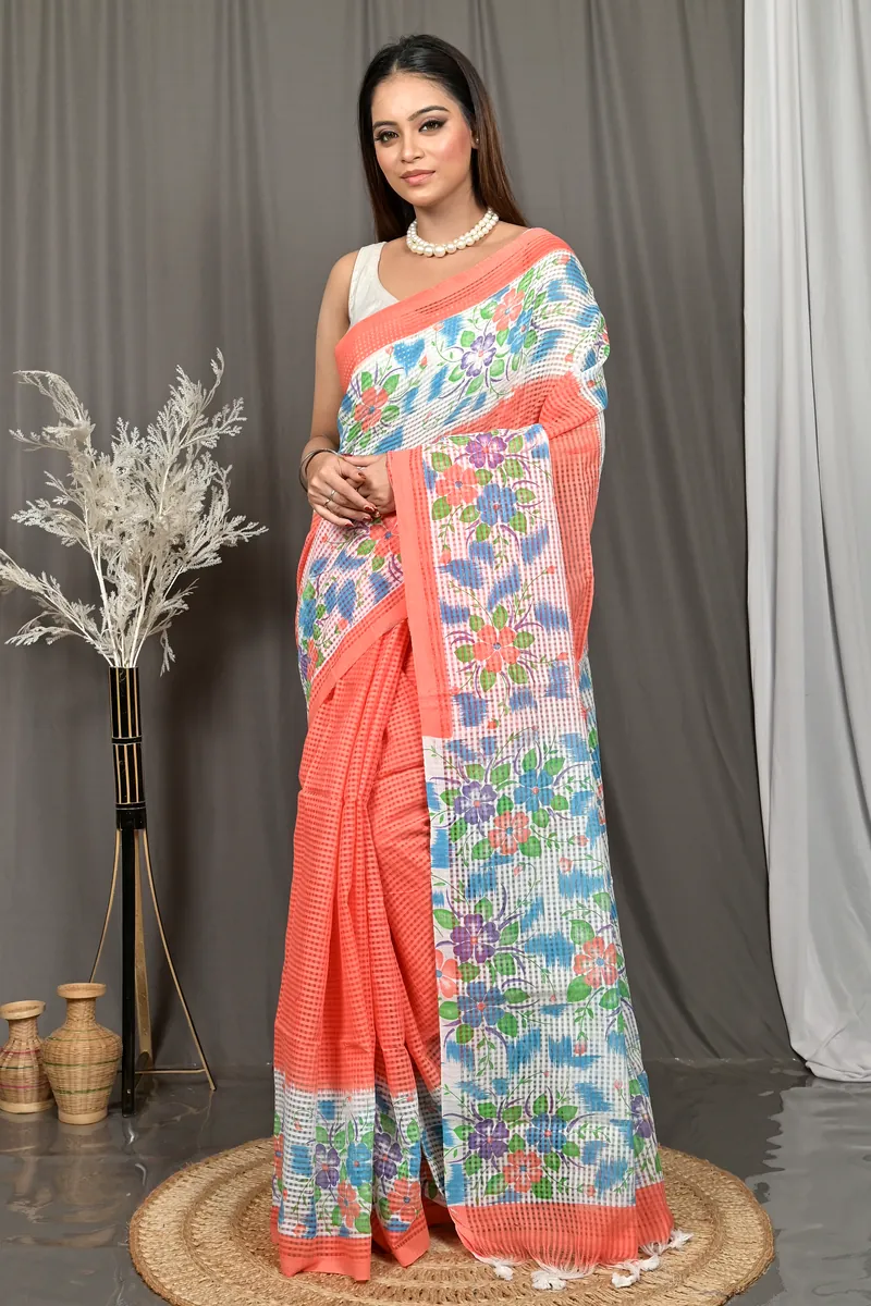 Orange White Cotton Soupon Kota Fabric Saree  (98)