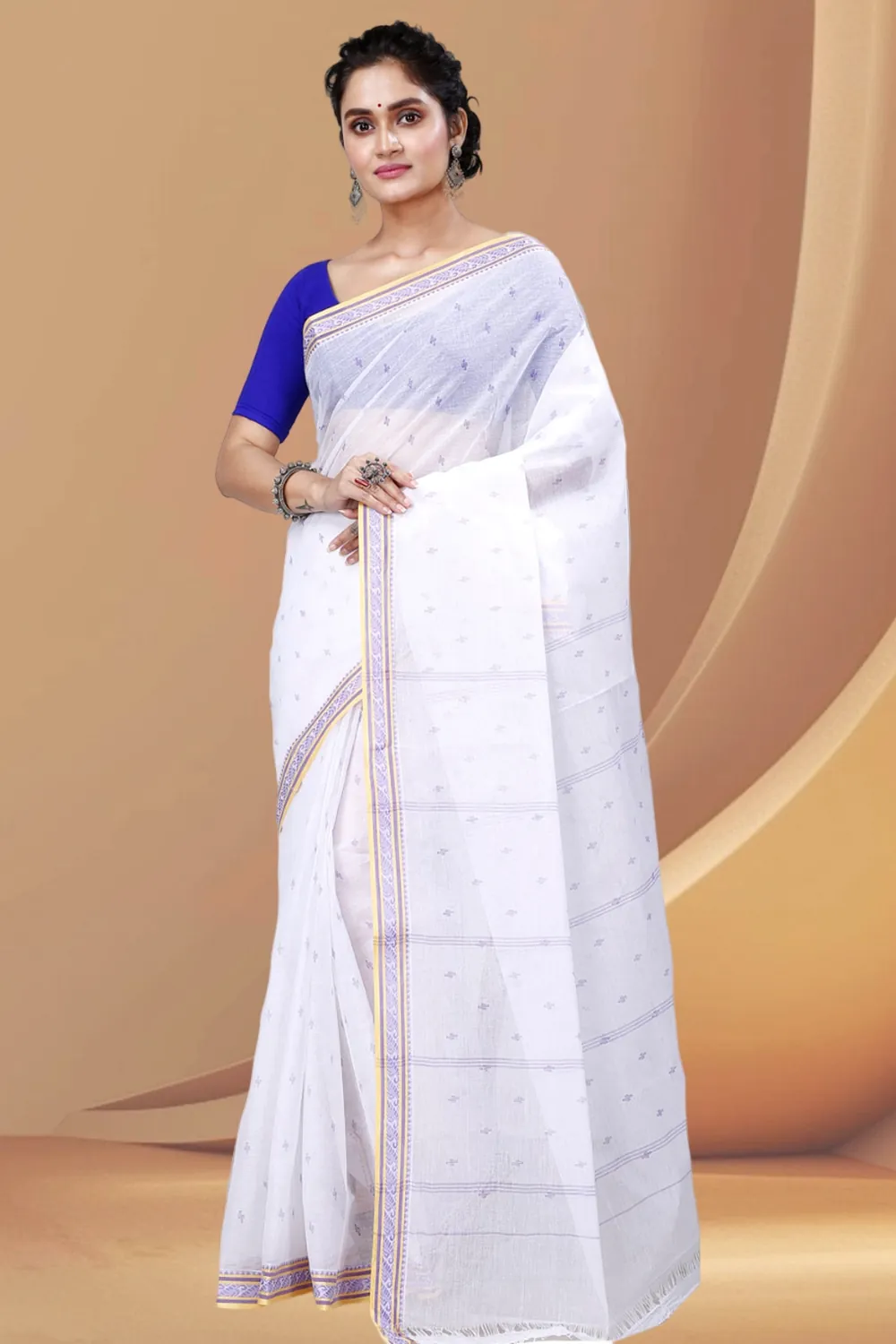 White Brown Pure Cotton Regina Tant Saree (986)